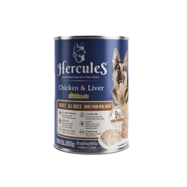 Hercules เฮอร์คิวลิส อาหารเปียก แบบกระป๋อง สำหรับสุนัขโต รสเนื้อไก่และตับ 400 g